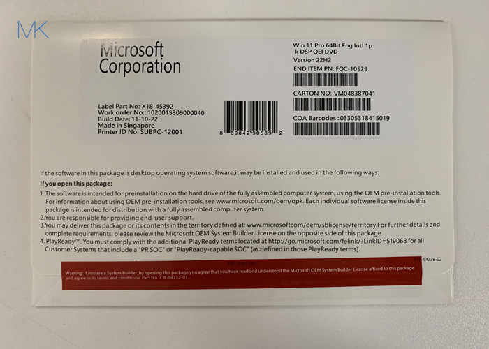Microsoft-OEM Systeembouwer Wind оws 11 Professionele OEM OEI met 64 bits DVD Engelse 22H2